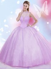 Extravagant High-neck Sleeveless Sweet 16 Dress Floor Length Beading Lavender Tulle