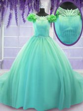 Designer Turquoise Scoop Neckline Hand Made Flower Sweet 16 Dresses Short Sleeves Lace Up