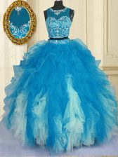 Wonderful Blue And White Scoop Neckline Beading and Ruffles Ball Gown Prom Dress Sleeveless Zipper