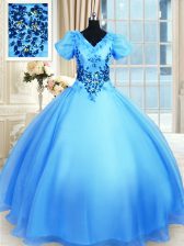  Baby Blue Sweet 16 Dress Military Ball and Sweet 16 and Quinceanera with Appliques V-neck Short Sleeves Lace Up
