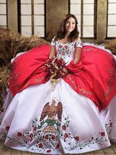 Off the Shoulder Sleeveless Organza and Taffeta Lace Up Sweet 16 Quinceanera Dress in White And Red with Embroidery and Ruffled Layers