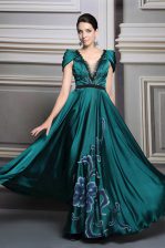  Dark Green Empire Satin V-neck Short Sleeves Beading and Embroidery and Belt Floor Length Zipper Dress for Prom