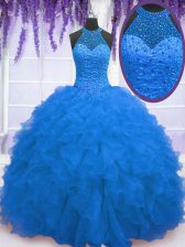 Latest Ball Gowns Quinceanera Gown Blue High-neck Organza Sleeveless Floor Length Zipper