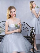 Cute Grey Scoop Neckline Lace and Appliques and Belt Quinceanera Court Dresses Sleeveless Lace Up