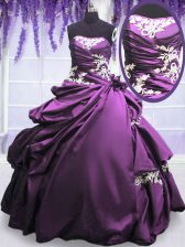Extravagant Purple 15 Quinceanera Dress Military Ball and Sweet 16 and Quinceanera with Appliques and Pick Ups Strapless Sleeveless Lace Up