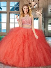  Orange Red 15th Birthday Dress Military Ball and Sweet 16 and Quinceanera with Beading and Ruffles Scoop Sleeveless Backless