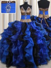 Suitable Blue And Black Sleeveless Organza Lace Up Quinceanera Gown for Military Ball and Sweet 16 and Quinceanera