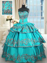  Aqua Blue Taffeta Lace Up 15th Birthday Dress Sleeveless Floor Length Embroidery and Ruffled Layers