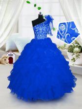Lovely One Shoulder Embroidery and Ruffles Little Girls Pageant Dress Royal Blue Lace Up Sleeveless Floor Length