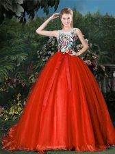 Glittering Scoop Sleeveless Organza Brush Train Zipper Quince Ball Gowns in Red with Appliques and Belt