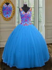 Sophisticated Blue Vestidos de Quinceanera Military Ball and Sweet 16 and Quinceanera with Beading and Sequins Straps Sleeveless Zipper