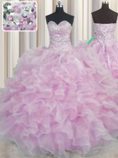  Bling-bling Lilac Ball Gowns Sweetheart Sleeveless Organza Floor Length Lace Up Beading and Ruffles Sweet 16 Quinceanera Dress