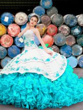  Sweetheart Sleeveless Quinceanera Gowns Floor Length Appliques and Embroidery and Ruffles Blue And White Organza