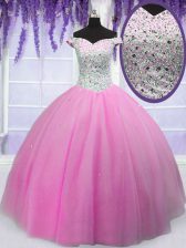 Top Selling Hot Pink Off The Shoulder Neckline Beading Quince Ball Gowns Short Sleeves Lace Up