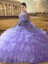 Fantastic Lavender Long Sleeves Floor Length Beading and Embroidery and Ruffled Layers Lace Up Sweet 16 Quinceanera Dress