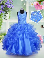  Halter Top Sleeveless Organza Little Girl Pageant Gowns Beading and Ruffled Layers Lace Up