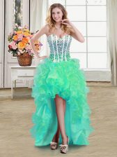 Superior High Low Lace Up Dress for Prom Turquoise for Prom and Party with Beading and Ruffles