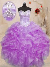 Nice Floor Length Lace Up Ball Gown Prom Dress Lilac for Military Ball and Sweet 16 and Quinceanera with Beading and Ruffles