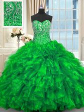Sexy Green Lace Up Sweetheart Beading and Ruffles Quinceanera Dresses Organza Sleeveless Brush Train