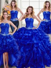 Exquisite Four Piece Royal Blue Sleeveless Beading and Ruffles Floor Length Ball Gown Prom Dress