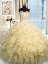 Modern Champagne Sweetheart Neckline Beading and Ruffles Vestidos de Quinceanera Sleeveless Lace Up