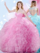 Gorgeous Tulle High-neck Sleeveless Zipper Beading and Ruffles and Pick Ups Ball Gown Prom Dress in Rose Pink