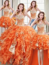  Four Piece Sleeveless Organza Floor Length Lace Up 15th Birthday Dress in Orange with Beading and Ruffles and Sequins