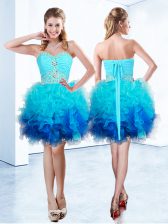 New Arrival Blue Ball Gowns Sweetheart Sleeveless Organza Knee Length Lace Up Beading and Ruffles and Ruching Homecoming Dress