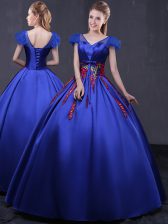 Glorious Royal Blue Quince Ball Gowns Military Ball and Sweet 16 and Quinceanera with Appliques V-neck Cap Sleeves Lace Up