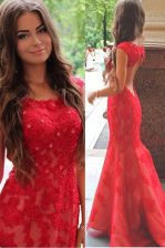  Mermaid Red Scoop Backless Lace and Appliques Evening Dress Sweep Train Cap Sleeves