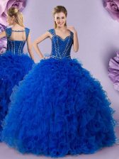  Straps Tulle Cap Sleeves Floor Length Ball Gown Prom Dress and Beading and Ruffles
