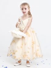  Organza Straps Sleeveless Zipper Appliques and Bowknot and Hand Made Flower Flower Girl Dresses for Less in Champagne