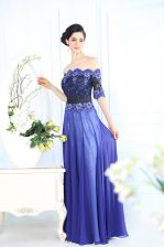 Colorful Scalloped Blue Half Sleeves Chiffon Zipper Prom Dress for Prom and Party