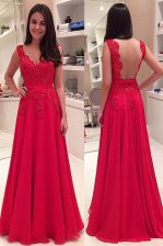 Spectacular Red Backless Prom Dresses Lace Sleeveless Floor Length