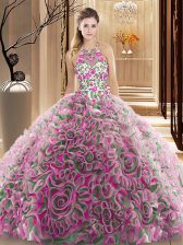  High-neck Sleeveless Fabric With Rolling Flowers 15 Quinceanera Dress Ruffles and Pattern Brush Train Criss Cross