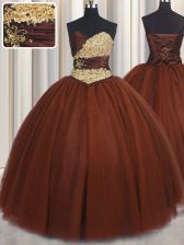 Delicate Burgundy Ball Gowns Tulle Sweetheart Sleeveless Beading and Appliques Floor Length Lace Up Sweet 16 Dresses