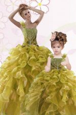 Top Selling Organza Sweetheart Sleeveless Lace Up Beading and Ruffles Quinceanera Gowns in Olive Green