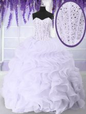 Hot Selling White Organza Lace Up Sweetheart Sleeveless Floor Length Quinceanera Gown Beading and Ruffles