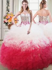  Pink And White Ball Gowns Organza Sweetheart Sleeveless Beading and Ruffles Floor Length Lace Up Quinceanera Dresses