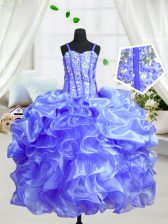  Floor Length Baby Blue Little Girl Pageant Dress Organza Sleeveless Beading and Ruffles