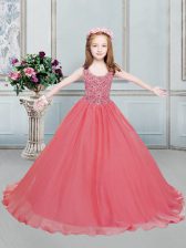 Graceful Watermelon Red Ball Gowns Organza Scoop Sleeveless Beading Floor Length Lace Up Party Dress for Toddlers