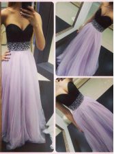  Floor Length Lavender Dress for Prom Tulle Sleeveless Beading