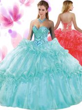 Aqua Blue Ball Gowns Sweetheart Sleeveless Organza Floor Length Lace Up Pick Ups 15 Quinceanera Dress