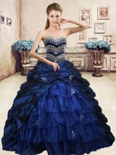 Fine Navy Blue Organza and Taffeta Lace Up 15th Birthday Dress Sleeveless Floor Length Beading and Appliques and Ruffled Layers and Pick Ups