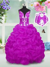  Fuchsia Child Pageant Dress Party and Wedding Party with Beading and Appliques and Pick Ups V-neck Sleeveless Lace Up