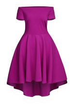  Short Sleeves Tea Length Ruching Side Zipper Prom Dress with Fuchsia