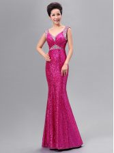  Mermaid Fuchsia Sleeveless Floor Length Sequins Zipper Prom Party Dress