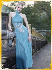 Stunning Light Blue Zipper Halter Top Appliques Prom Party Dress Chiffon Sleeveless