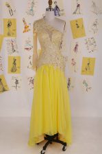 Customized Column/Sheath Homecoming Dress Yellow One Shoulder Organza Sleeveless High Low Side Zipper