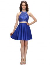 Dazzling Royal Blue Satin Zipper Prom Dress Sleeveless Mini Length Beading